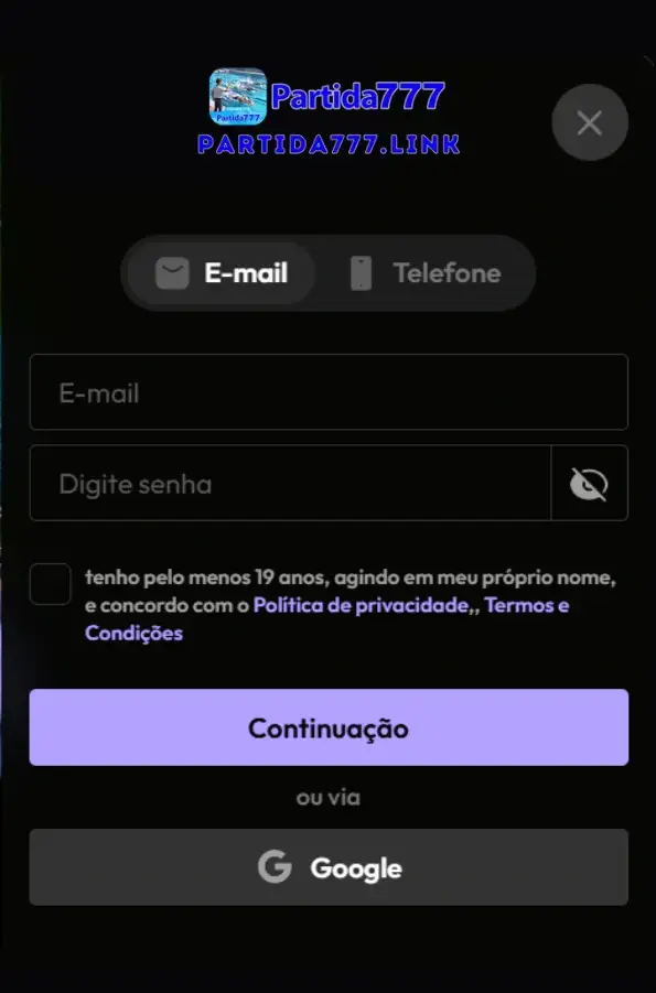 Registro Partida777 com formulário simples e rápido